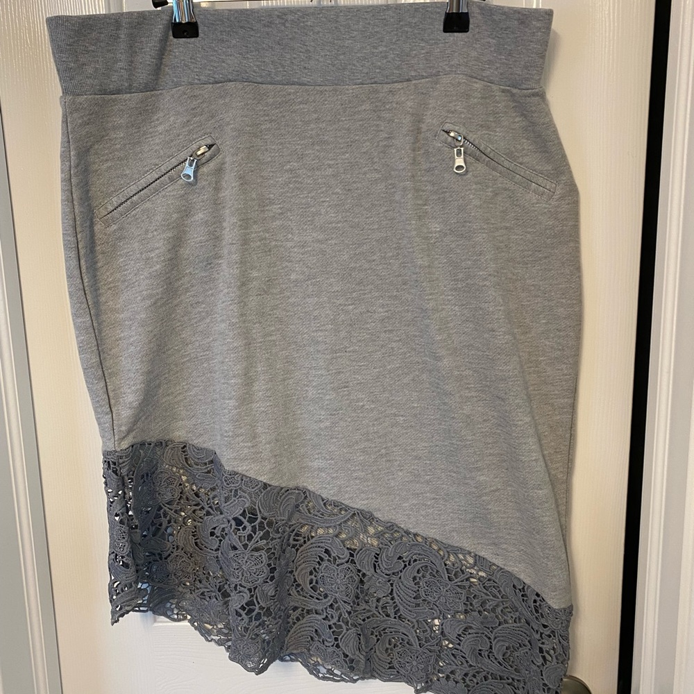 Target grey skirt, angled with dark grey lace trim, size XL